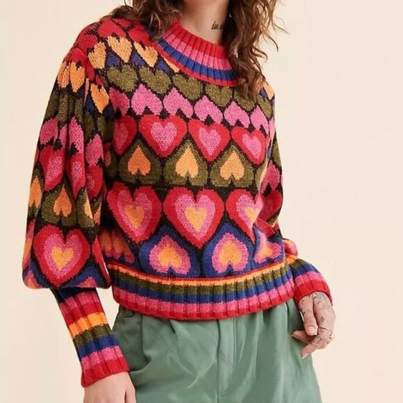 FARM RIO Full Of Hearts Jacquard Sweater Size Small - Picture 1 of 6